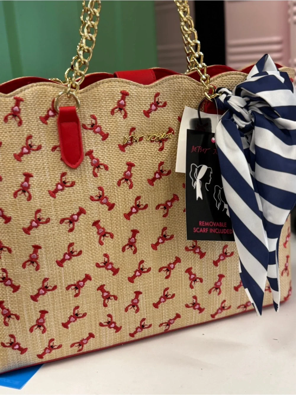 Betsey Johnson Red lobster Accent Straw Tote with Gold Chain Handles - Picture 2 of 2